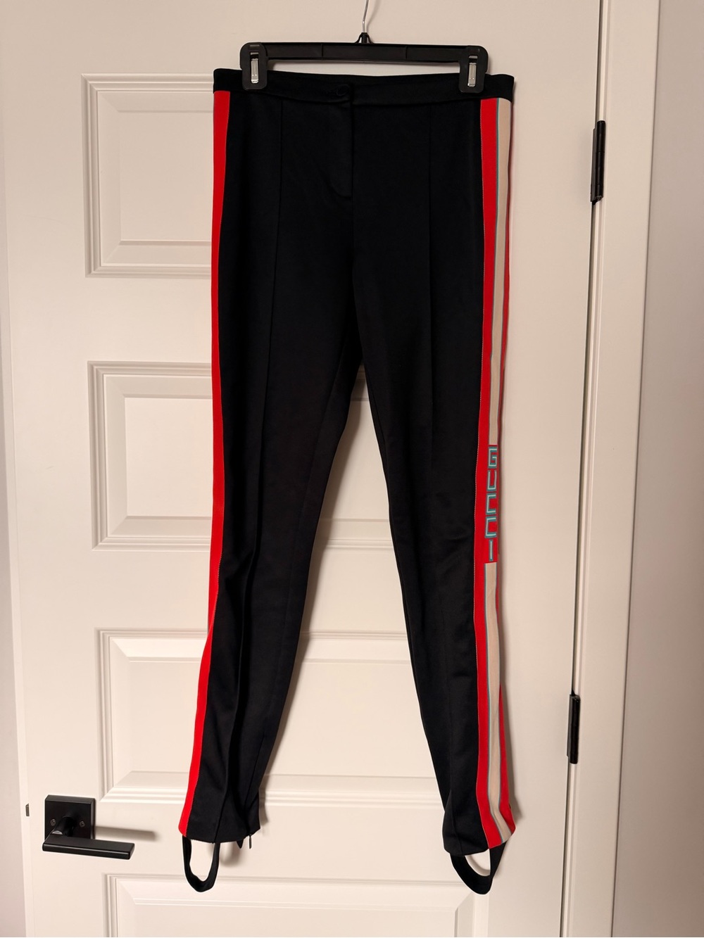 Gucci Black Stirrup Leggings with Red and Cream Side Stripes